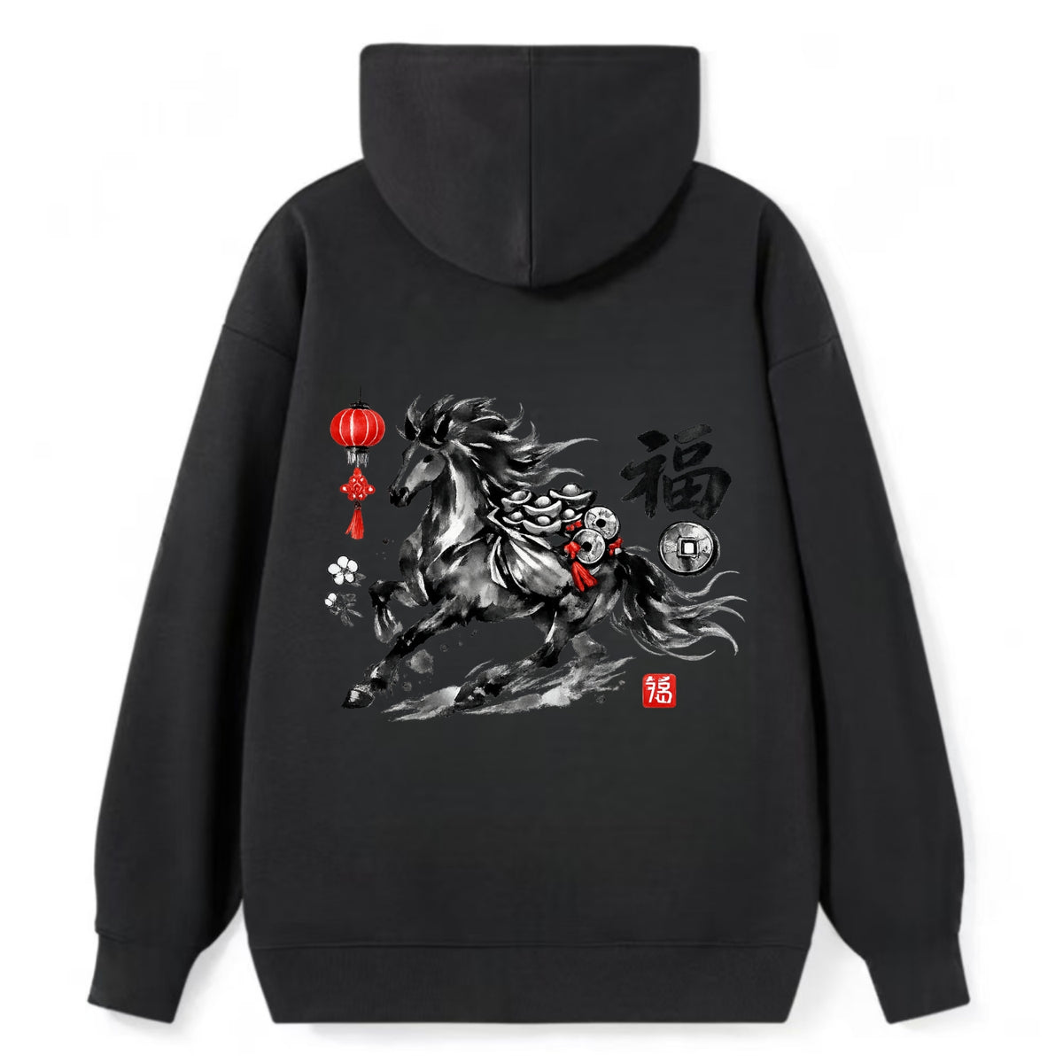 PROSPERITY HORSE | Horse carrying gold ingots and coins | Chinese knot - Classic Pullover Hoodie - Black