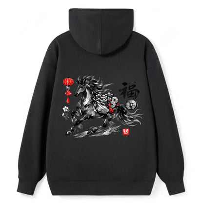 PROSPERITY HORSE | Horse carrying gold ingots and coins | Chinese knot - Classic Pullover Hoodie - Black