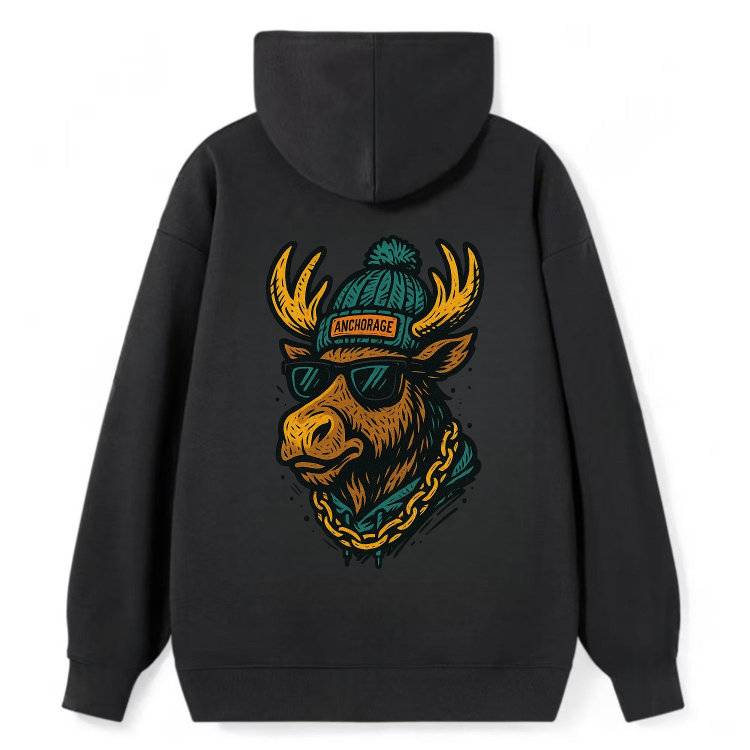 Alaska Moose wearing Anchorage beanie with pom pom and wayfarer sunglasses - Classic Pullover Hoodie - Black