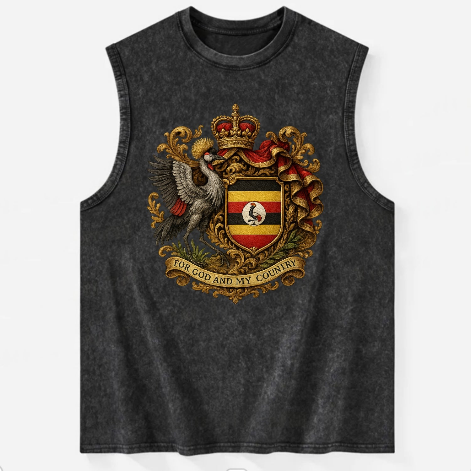 Uganda Crested Crane Emblem  - Vintage Washed Tank - Black