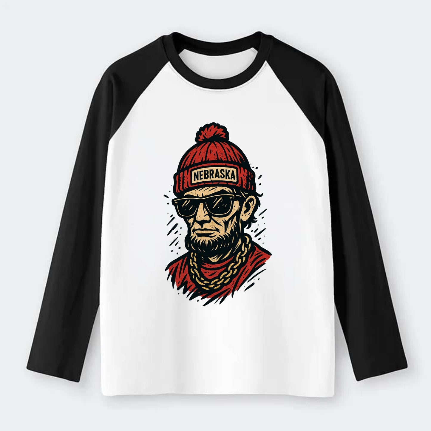 Lincoln Cornhusker wearing Nebraska bean - Raglan Long Sleeve T-Shirt - Black