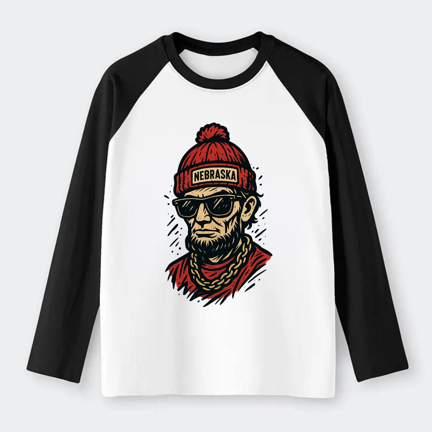 Lincoln Cornhusker wearing Nebraska bean - Raglan Long Sleeve T-Shirt - Black