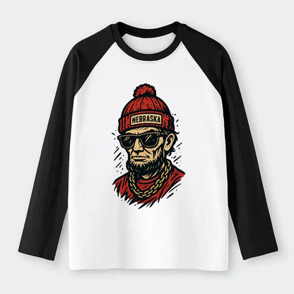 Lincoln Cornhusker wearing Nebraska bean - Raglan Long Sleeve T-Shirt - Black