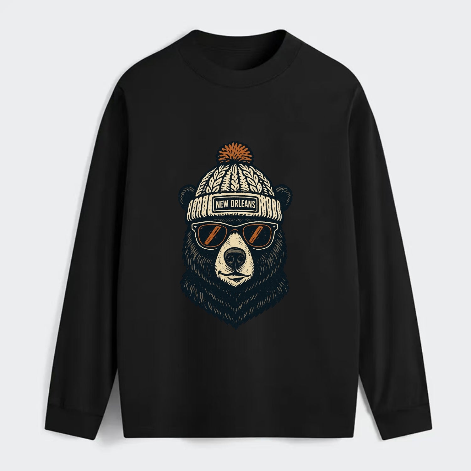 Louisiana Black Bear wearing New Orleans beanie with pom pom and - Classic Long Sleeve Shirt - Black