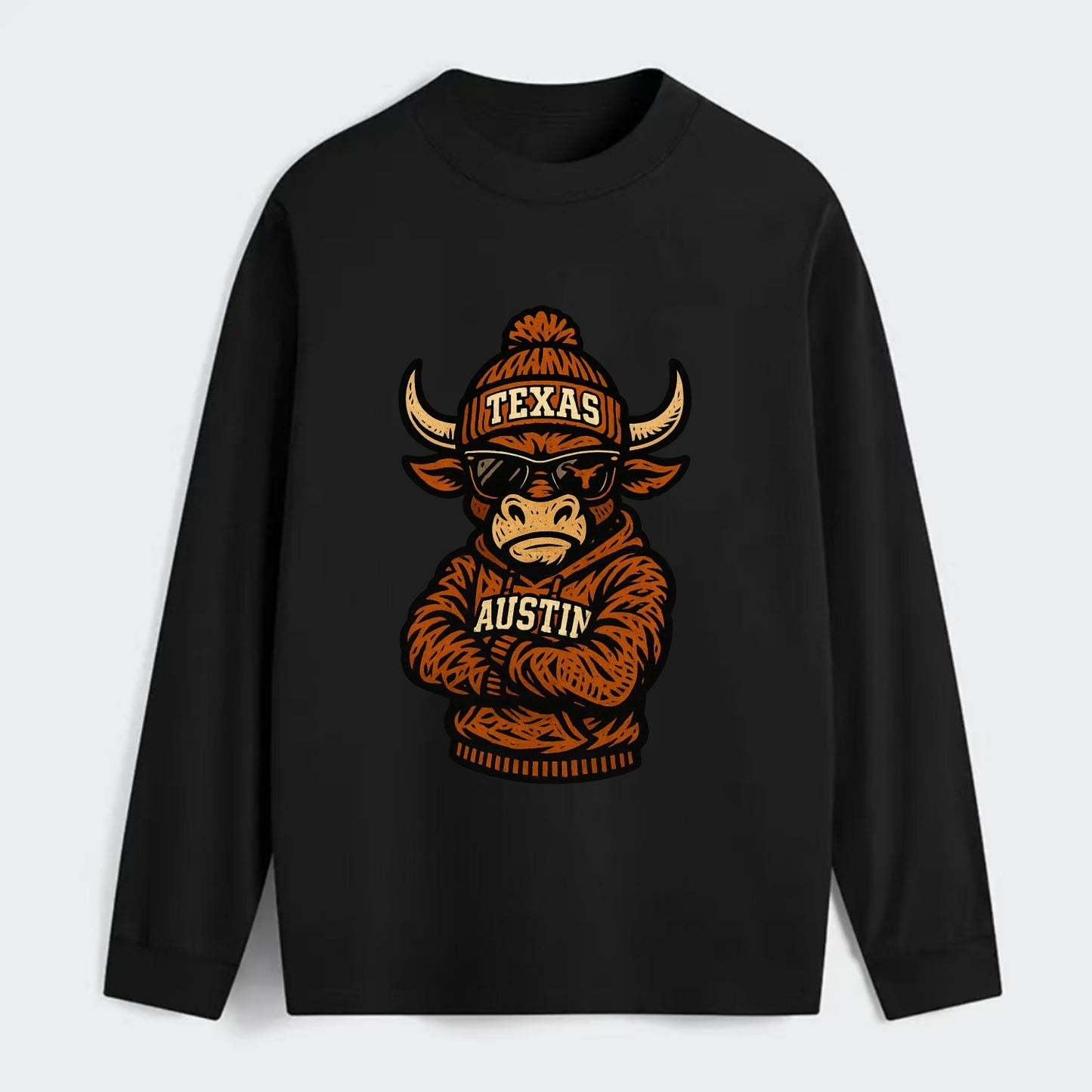 Austin Bevo wearing Texas beanie with longhorn patch - Classic Long Sleeve Shirt - Black
