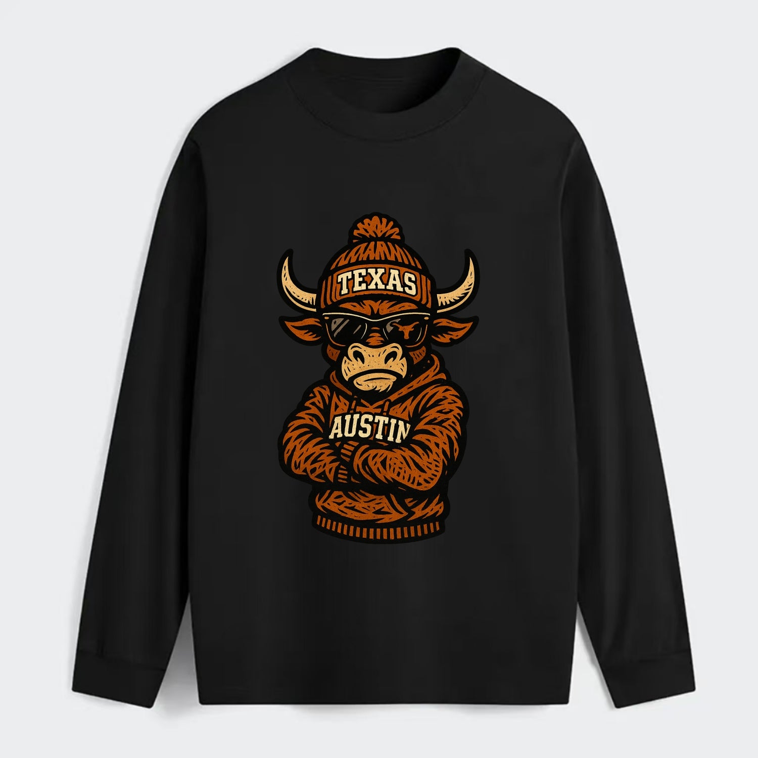 Austin Bevo wearing Texas beanie with longhorn patch - Classic Long Sleeve Shirt - Black