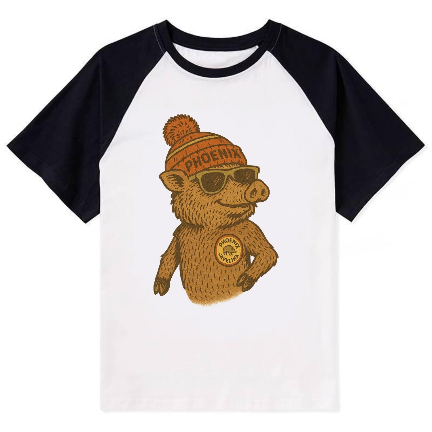 Phoenix Javelina wearing Phoenix beanie with pom pom and wayfarer - Contrast Raglan T-shirt - Black