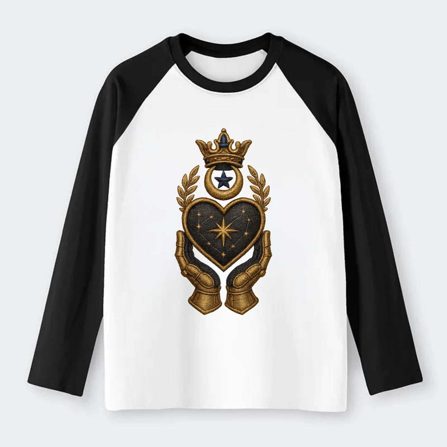 Crowned heart with Art Deco sunburst crown and geometric filigree - Raglan Long Sleeve T-Shirt - Black