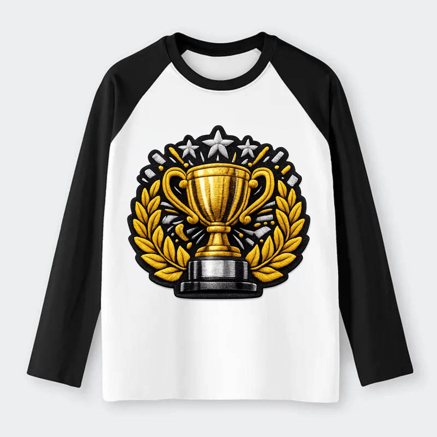 Embroidered patch design - CHAMPIONSHIP TROPHY - golden trophy cup - Raglan Long Sleeve T-Shirt - Black