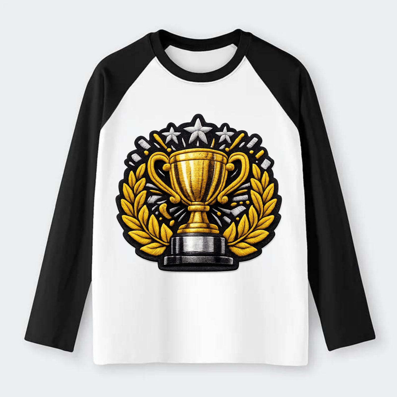 Embroidered patch design - CHAMPIONSHIP TROPHY - golden trophy cup - Raglan Long Sleeve T-Shirt - Black