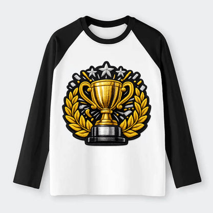 Embroidered patch design - CHAMPIONSHIP TROPHY - golden trophy cup - Raglan Long Sleeve T-Shirt - Black