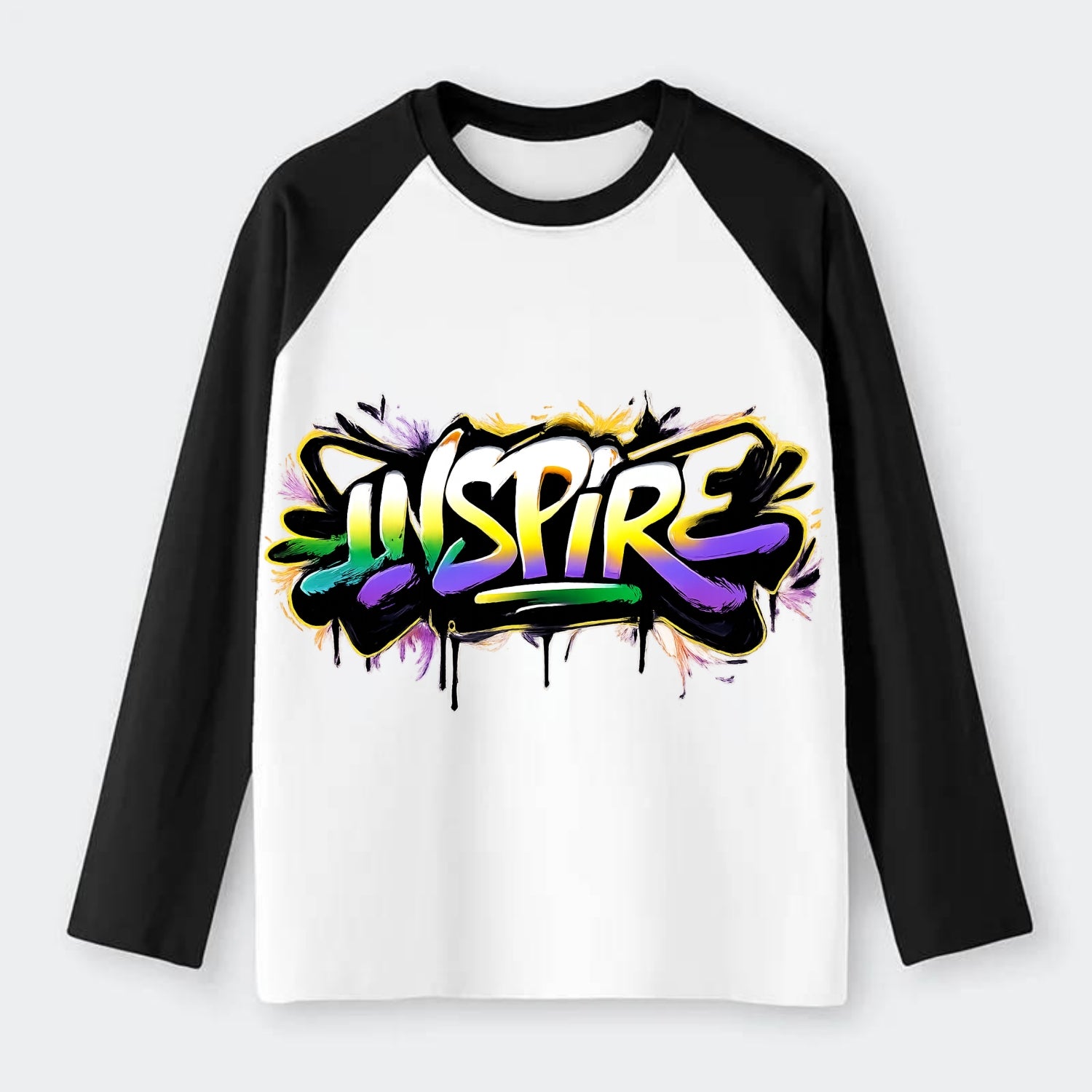 Bold typography design - "INSPIRE" - motivating others, being the spark - Raglan Long Sleeve T-Shirt - Black