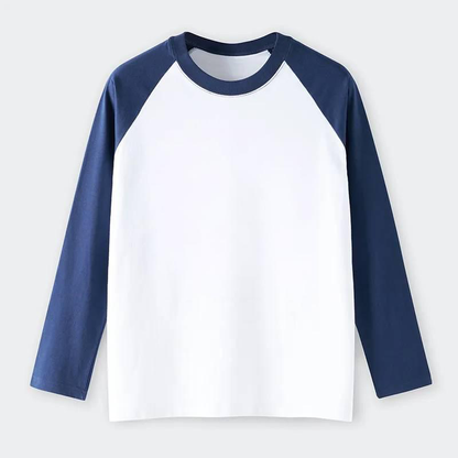 White long-sleeve shirt with navy sleeves on a white background