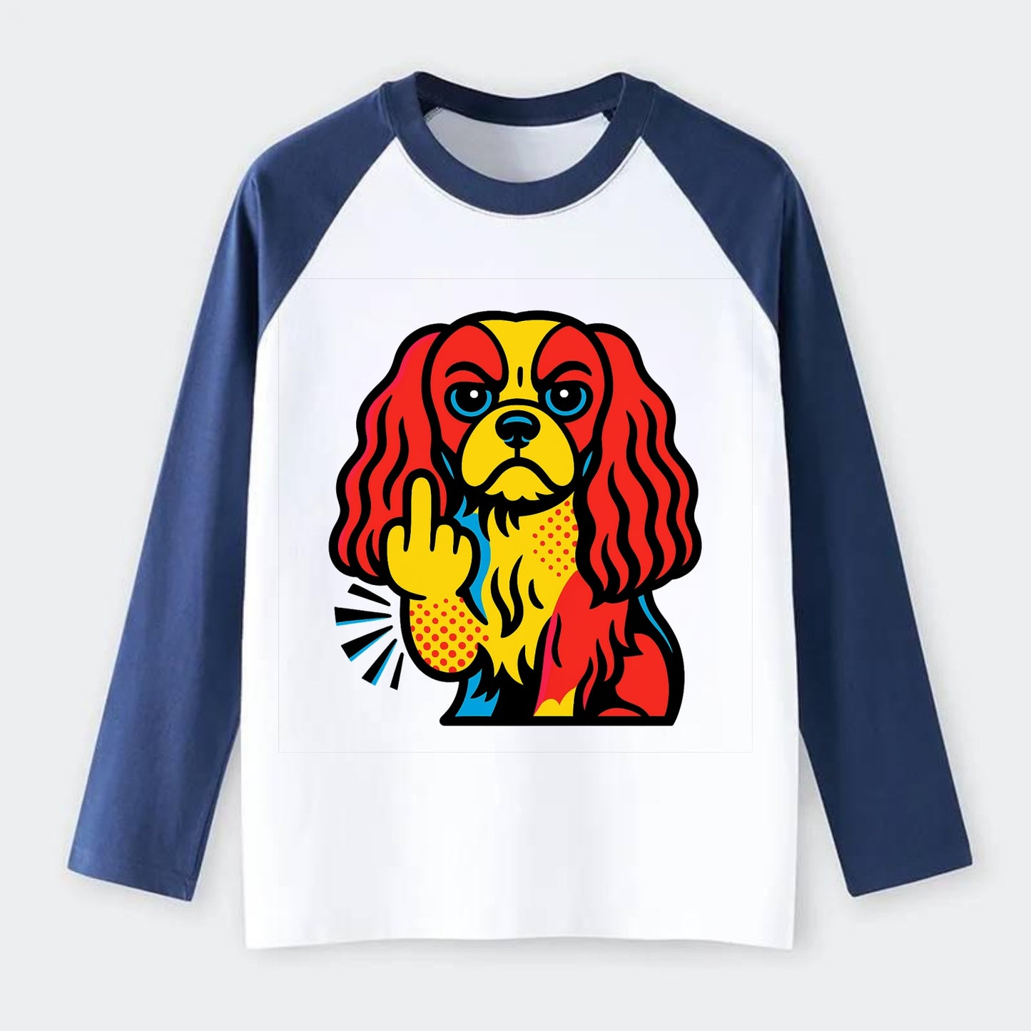 Cavalier King Charles Spaniel with long ears, regal paw giving finger - Raglan Long Sleeve T-Shirt - Blue
