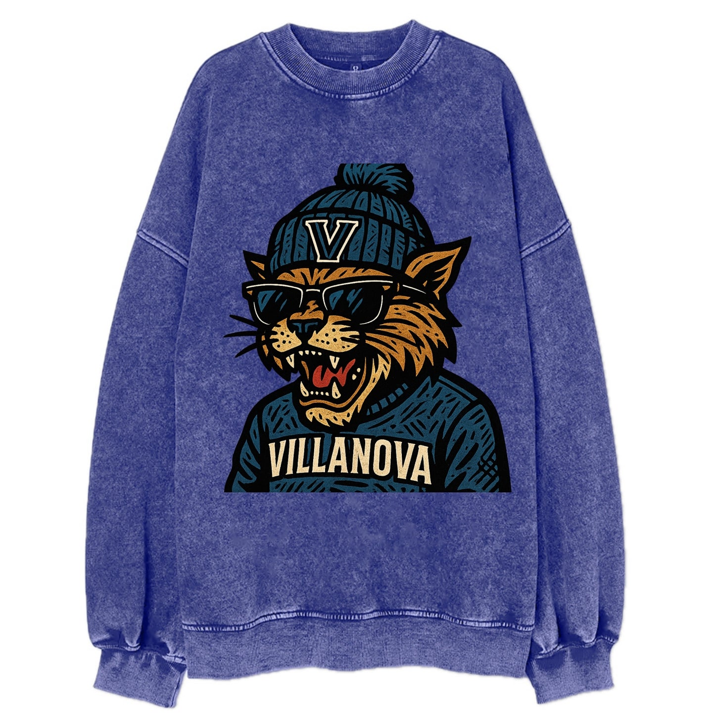 Villanova Wildcat wearing Villanova beanie with V patch - Vintage Sweatshirt - Blue