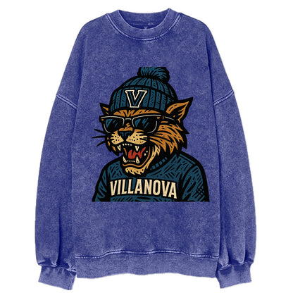Villanova Wildcat wearing Villanova beanie with V patch - Vintage Sweatshirt - Blue