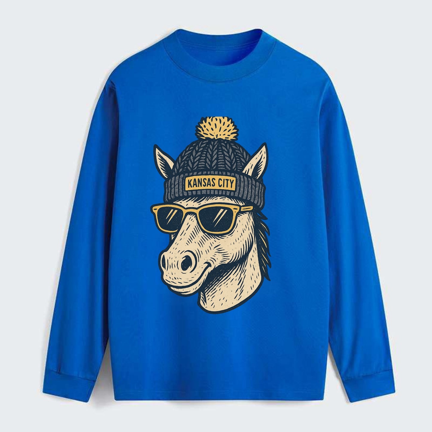 Missouri Mule wearing Kansas City beanie with pom pom and wayfarer - Classic Long Sleeve Shirt - Blue