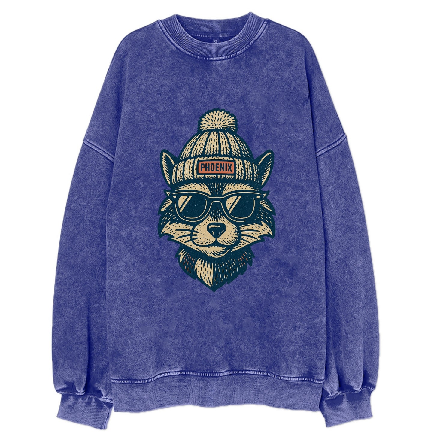 Arizona Ringtail wearing Phoenix beanie with pom pom and wayfarer sunglasses - Vintage Sweatshirt - Blue