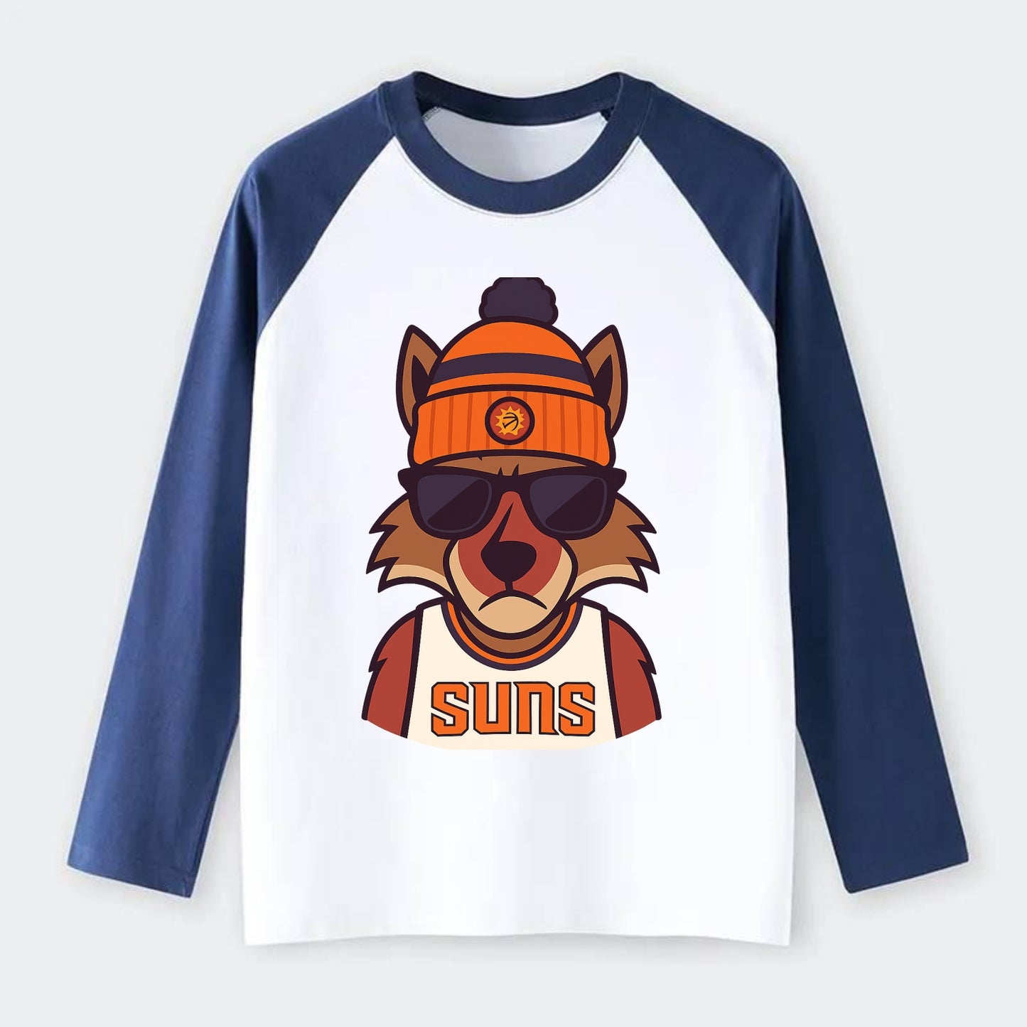 Arizona Coyote wearing Suns beanie with desert sun patch and wayfarer - Raglan Long Sleeve T-Shirt - Blue