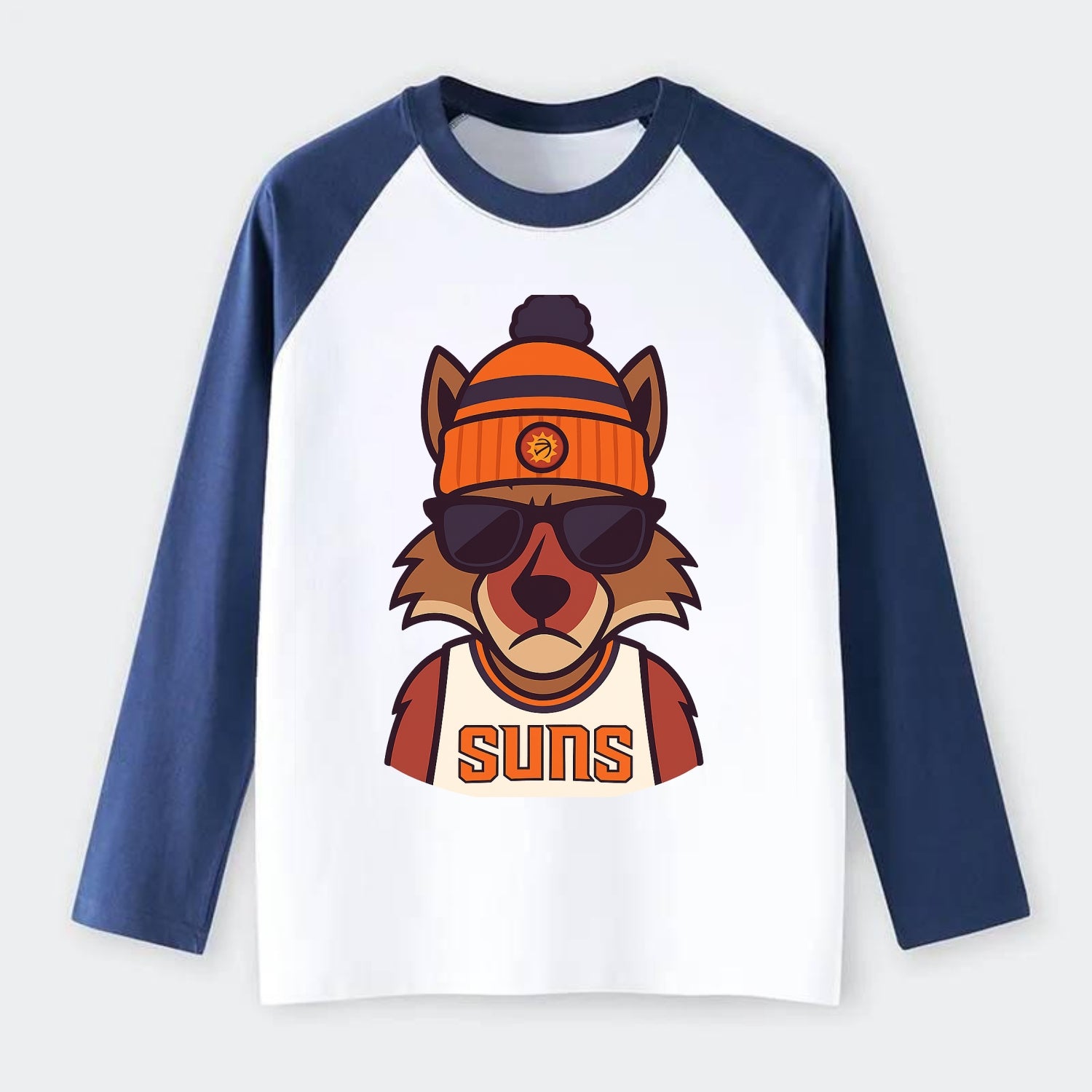 Arizona Coyote wearing Suns beanie with desert sun patch and wayfarer - Raglan Long Sleeve T-Shirt - Blue