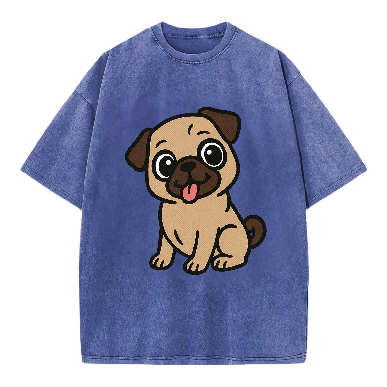 Pug - Tilted head with tongue out - Vintage T-shirt - Blue