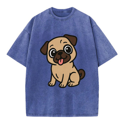 Pug - Tilted head with tongue out - Vintage T-shirt - Blue