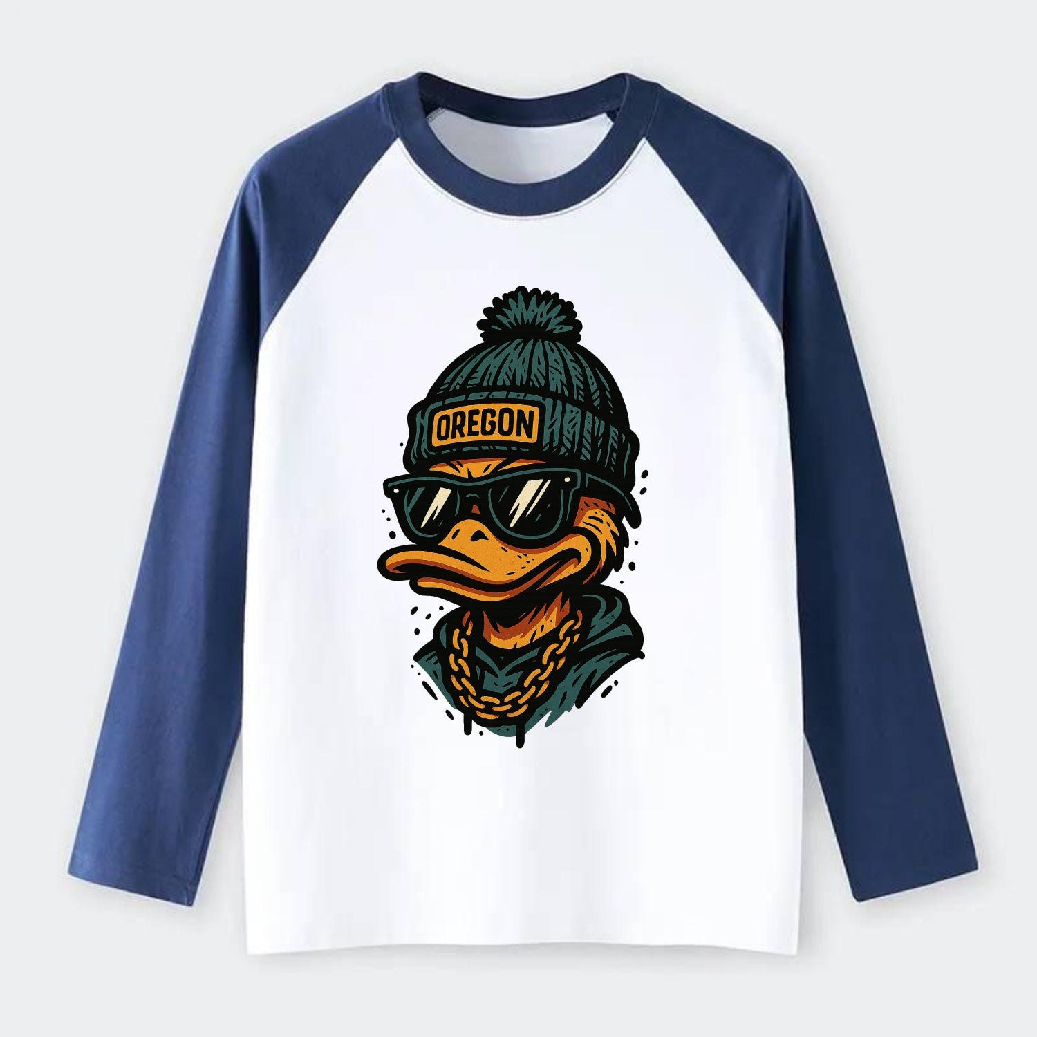 Eugene Duck wearing Oregon beanie with p - Raglan Long Sleeve T-Shirt - Blue
