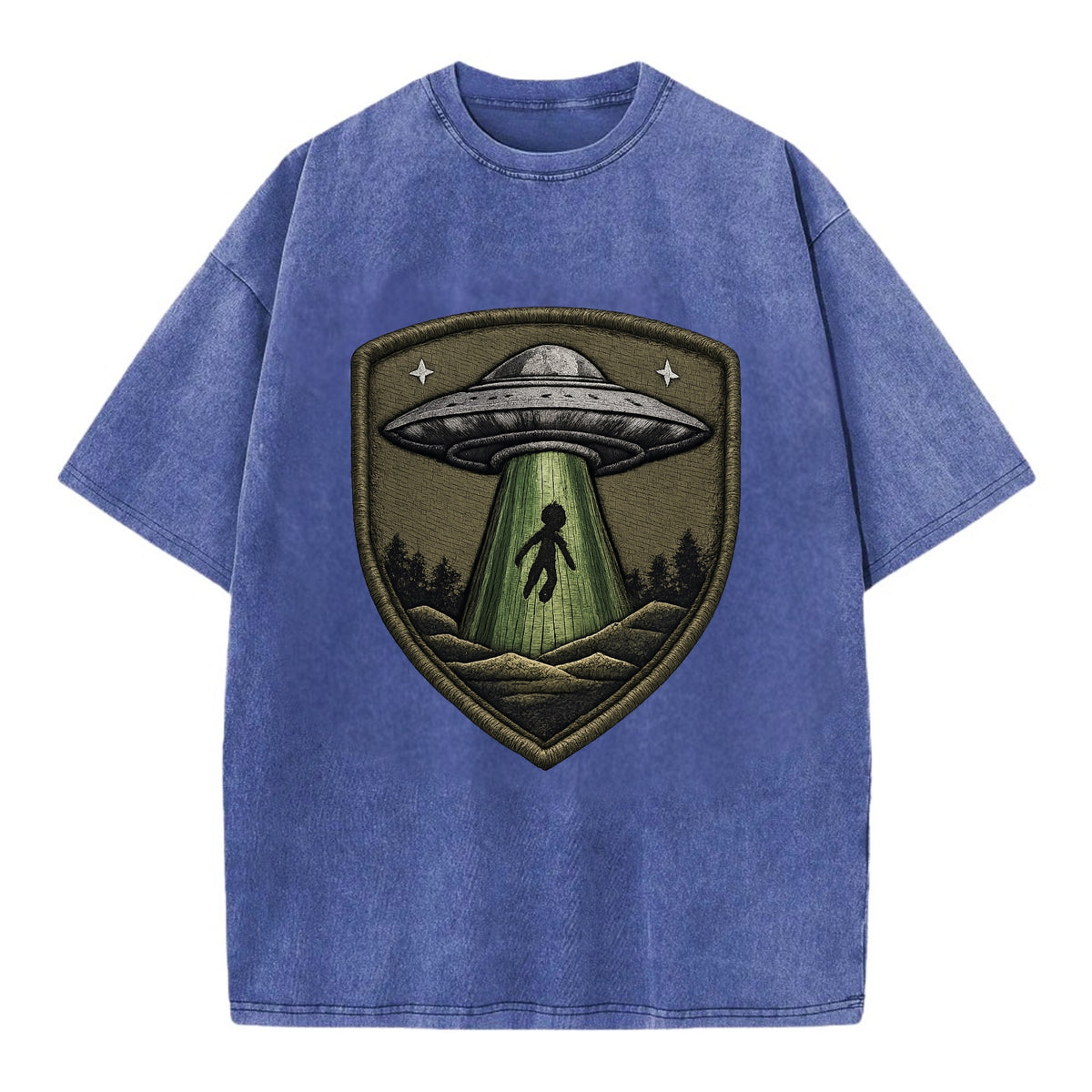 UFO ALIEN - flying saucer with beam in silver and green , extraterrestrial - Vintage T-shirt - Blue