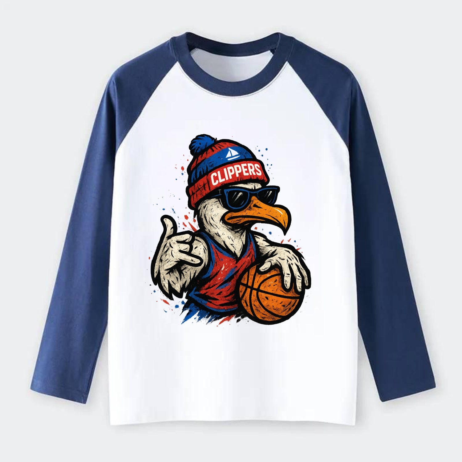 LA Seagull wearing Clippers red white and blue beanie with ship patch - Raglan Long Sleeve T-Shirt - Blue