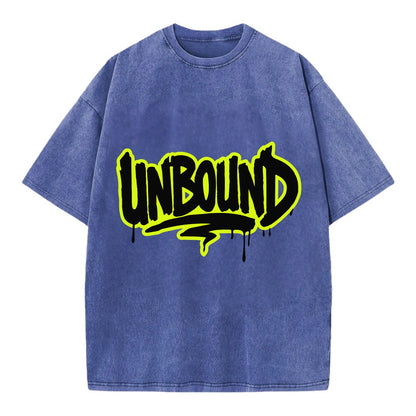 Bold typography design - "UNBOUND" - without limits, free from constraints - Vintage T-shirt - Blue