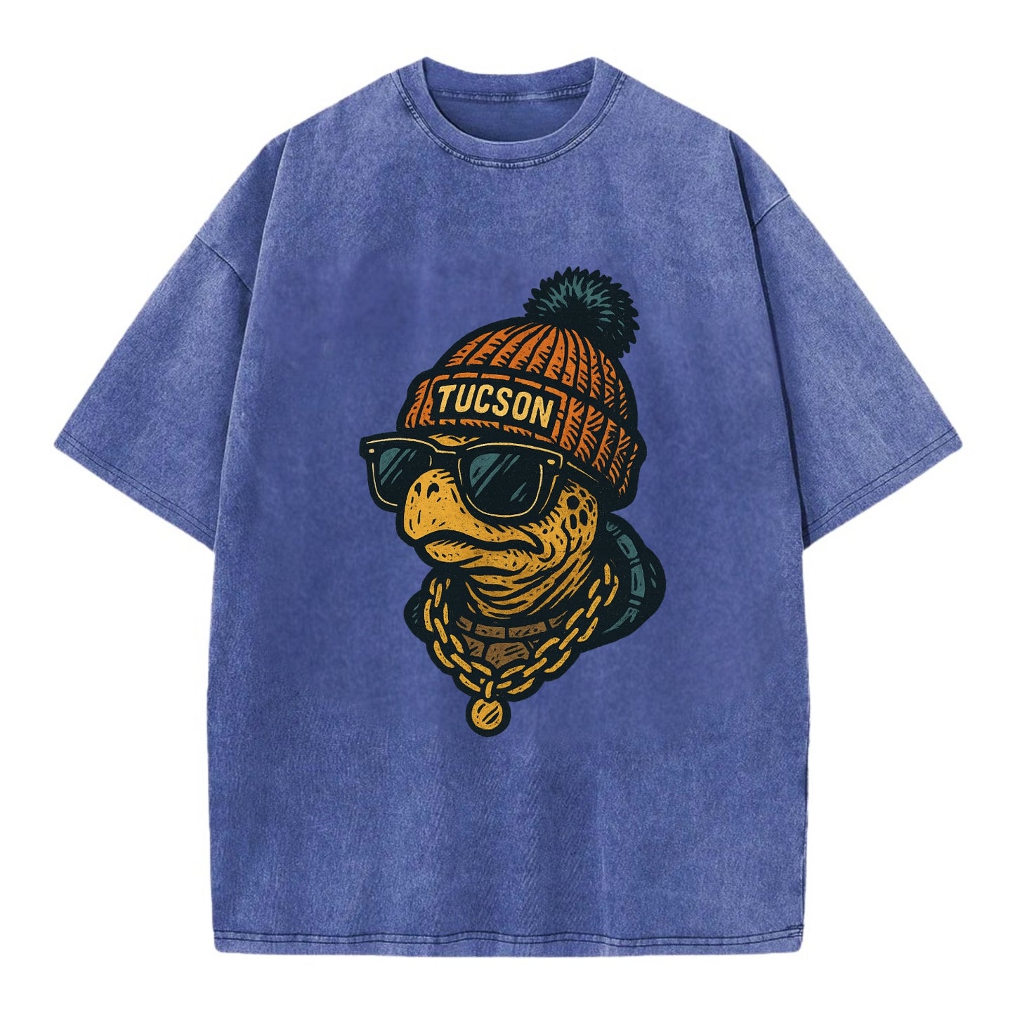 Tucson Desert Tortoise wearing Tucson beanie with pom pom and wayfarer sunglasses - Vintage T-shirt - Blue