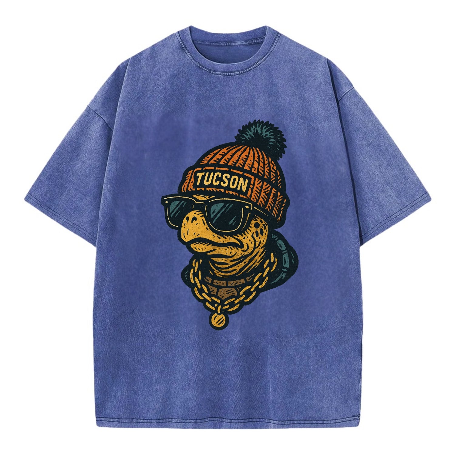 Tucson Desert Tortoise wearing Tucson beanie with pom pom and wayfarer sunglasses - Vintage T-shirt - Blue