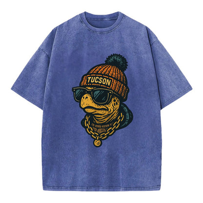 Tucson Desert Tortoise wearing Tucson beanie with pom pom and wayfarer sunglasses - Vintage T-shirt - Blue