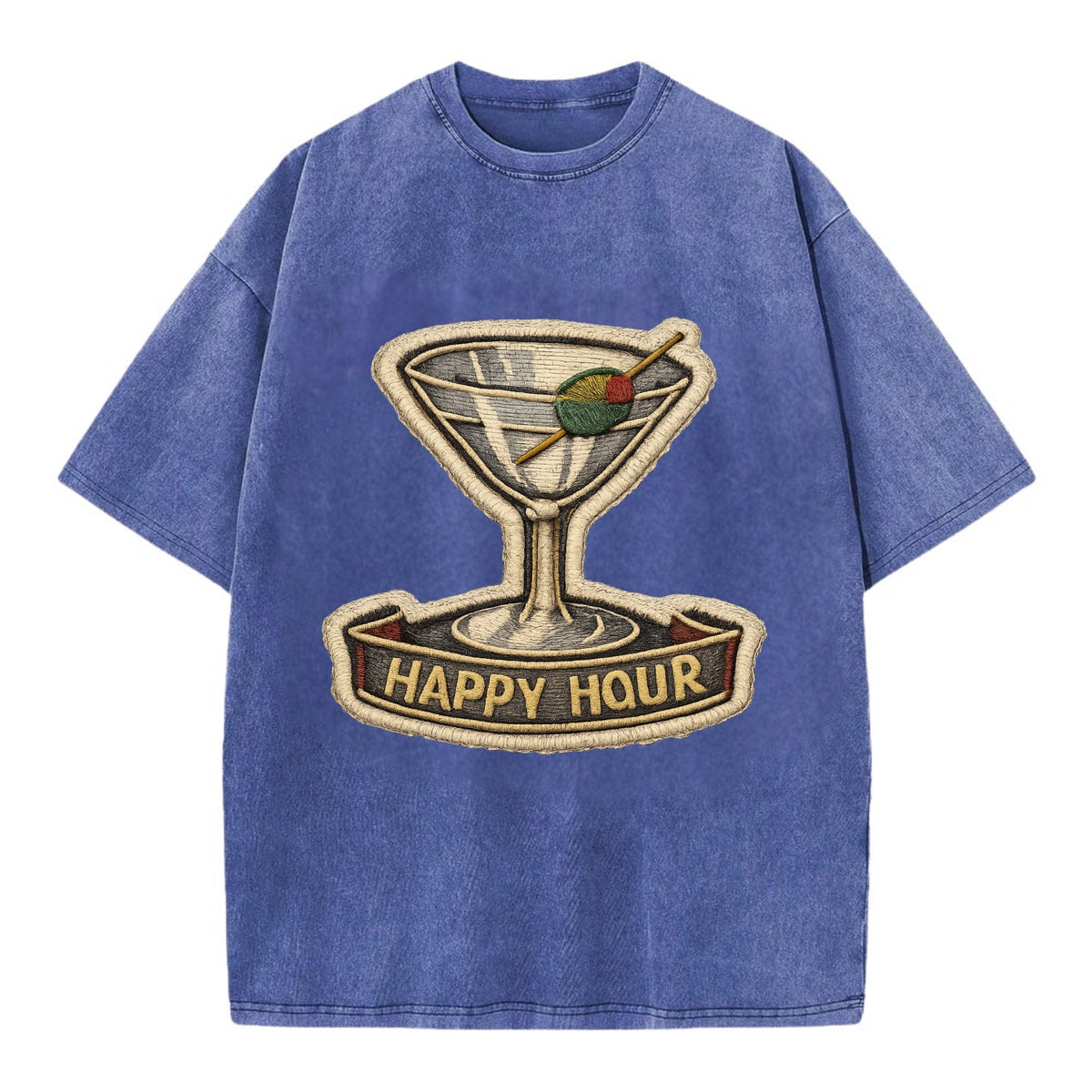 COCKTAIL MARTINI - martini glass with olive in silver and green , happy hour - Vintage T-shirt - Blue