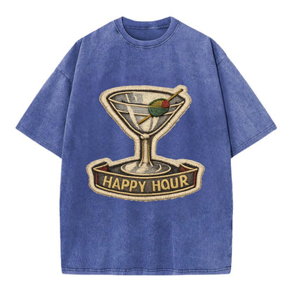 COCKTAIL MARTINI - martini glass with olive in silver and green , happy hour - Vintage T-shirt - Blue