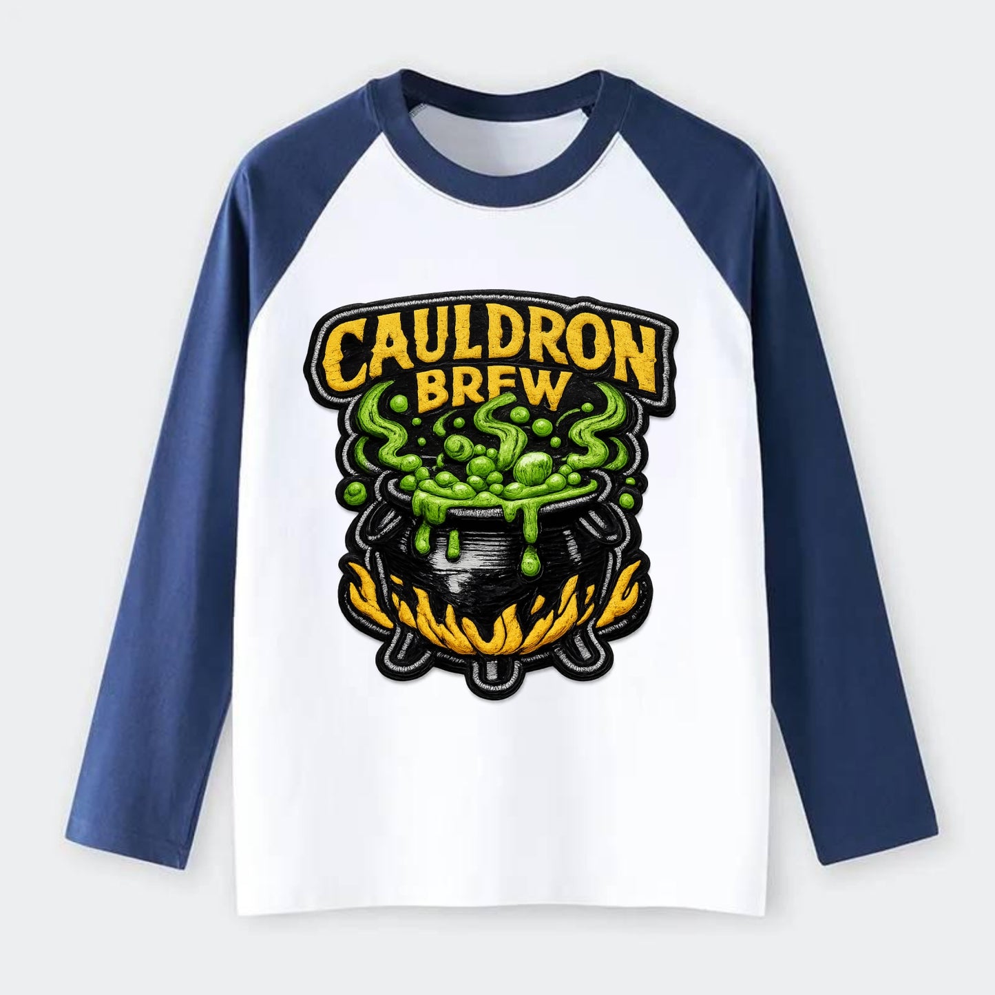 CAULDRON BREW - bubbling pot in black and green , witch craft - Raglan Long Sleeve T-Shirt - Blue