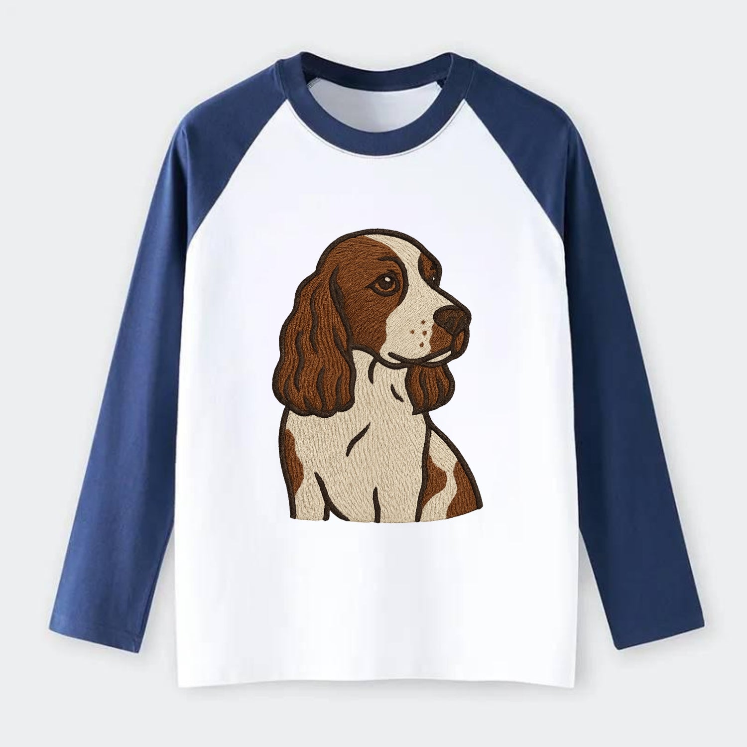 English Cocker Spaniel - Liver and white embroidered design - Raglan Long Sleeve T-Shirt - Blue