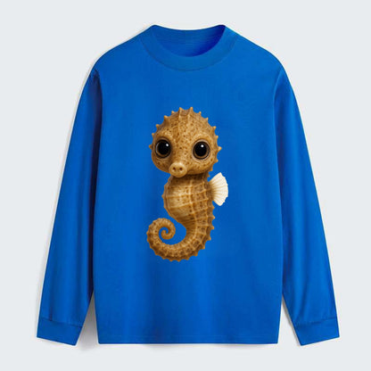 Baby Seahorse - curled tail, snout, large eyes, front-facing, delicate - Classic Long Sleeve Shirt - Blue