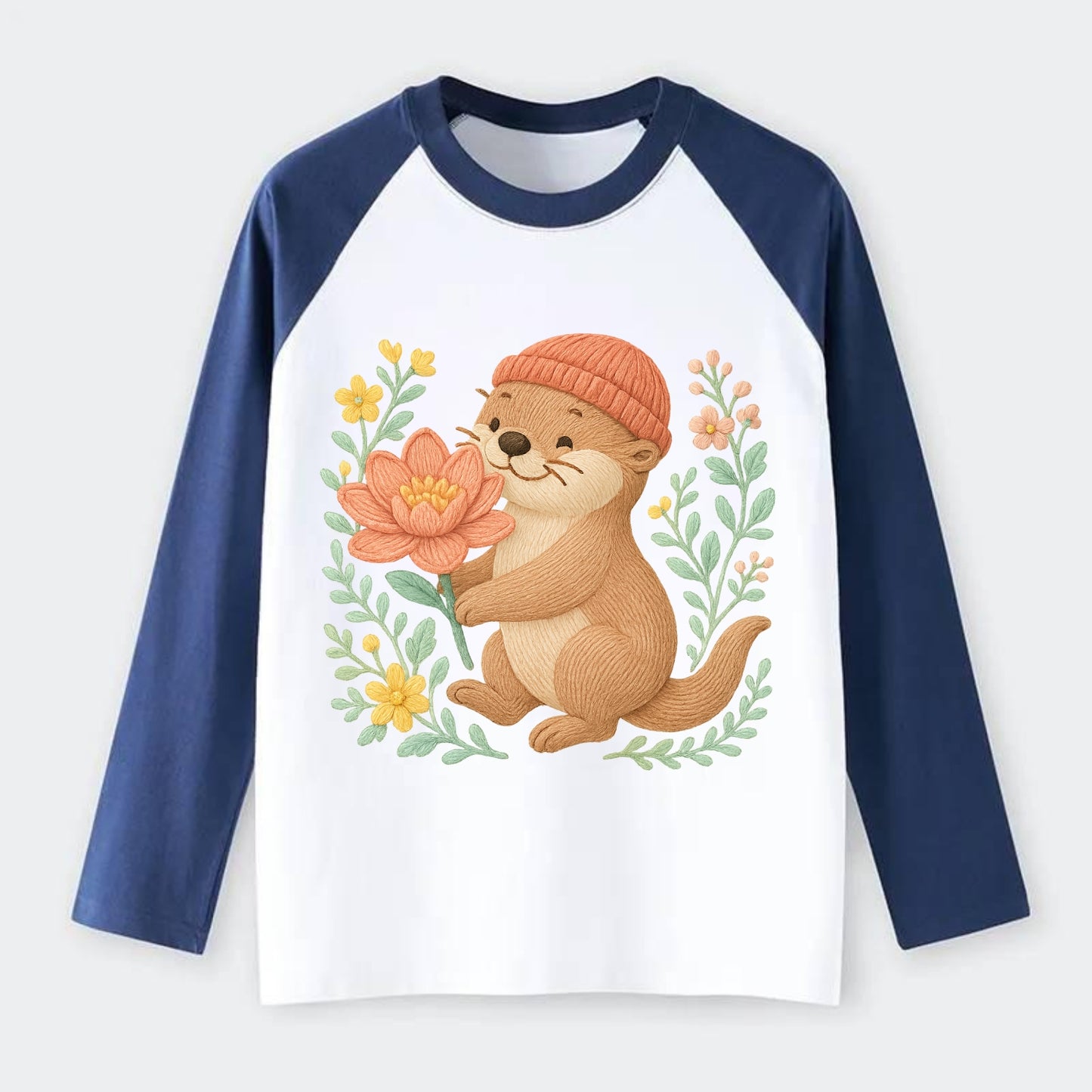 Peach Otter - Raglan Long Sleeve T-Shirt - Blue