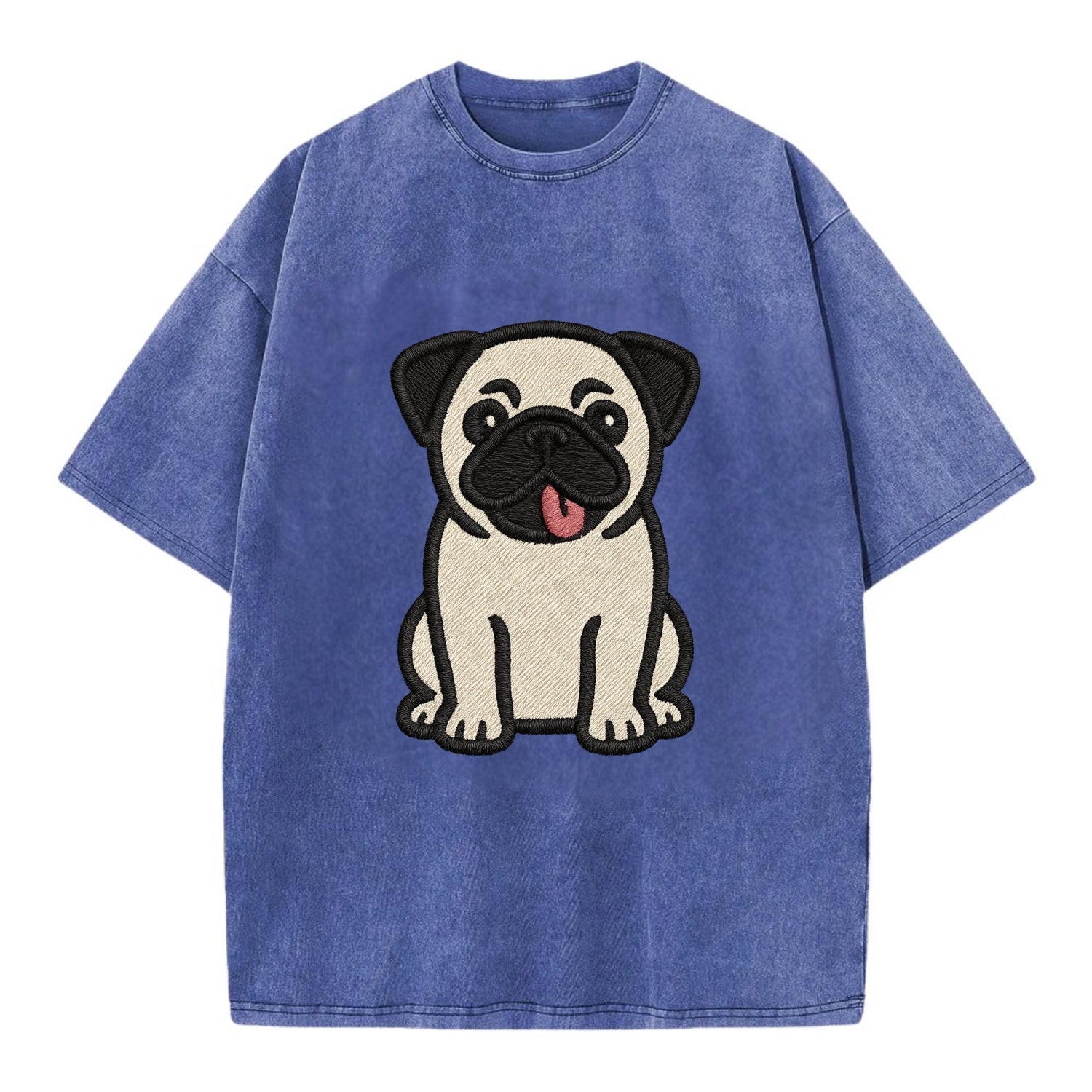 Pug - Tilted head with tongue out - Vint Vintage T-shirt - Blue