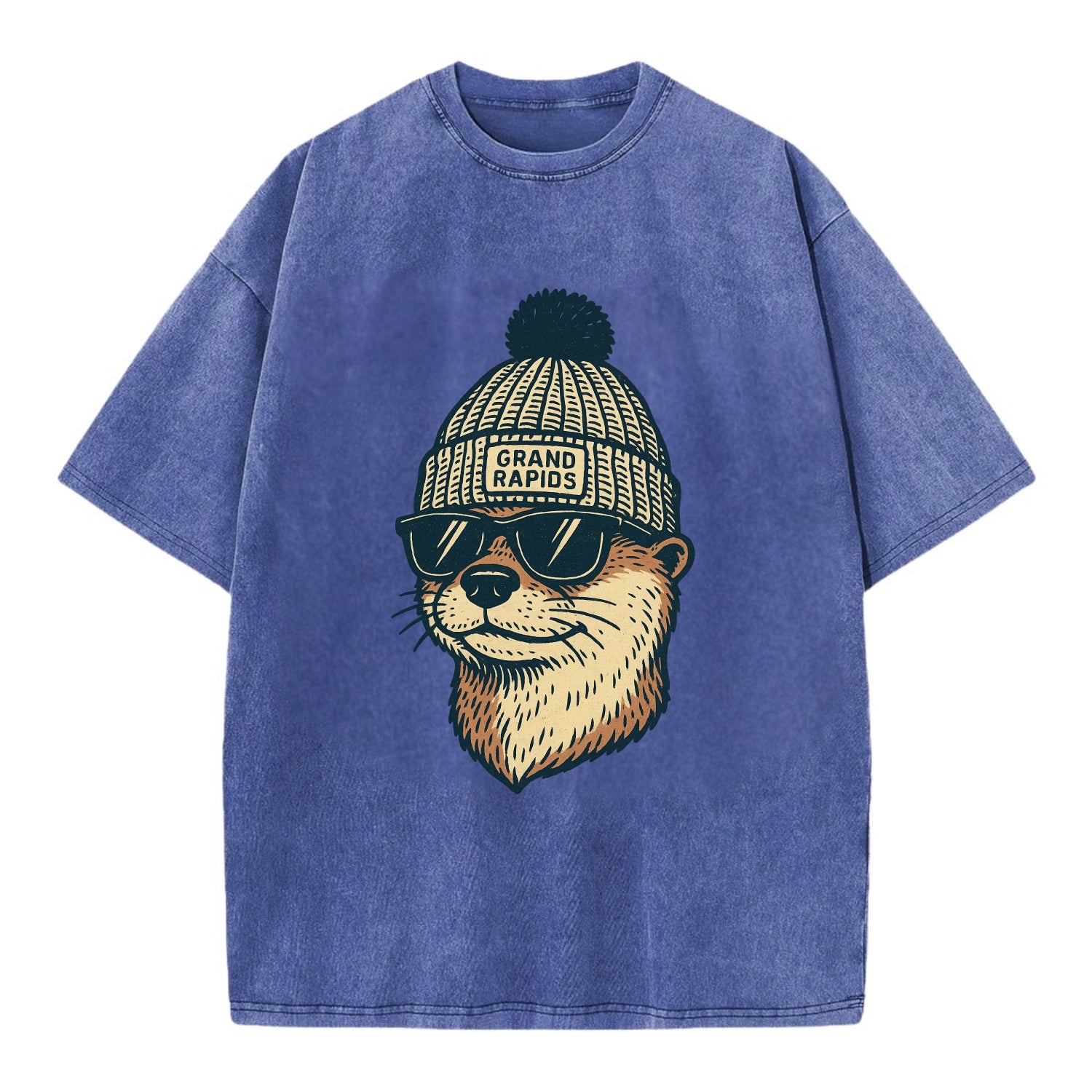 Grand Rapids River Otter wearing Grand Rapids beanie with pom pom and wayfarer - Vintage T-shirt - Blue
