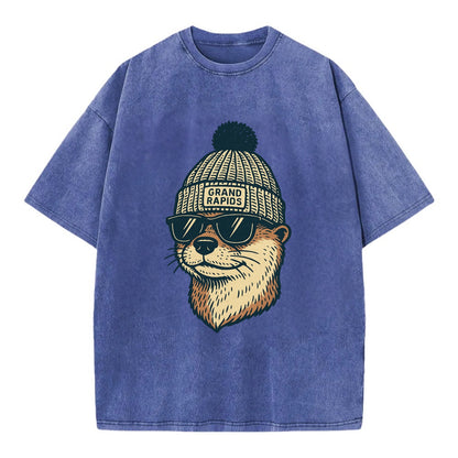 Grand Rapids River Otter wearing Grand Rapids beanie with pom pom and wayfarer - Vintage T-shirt - Blue