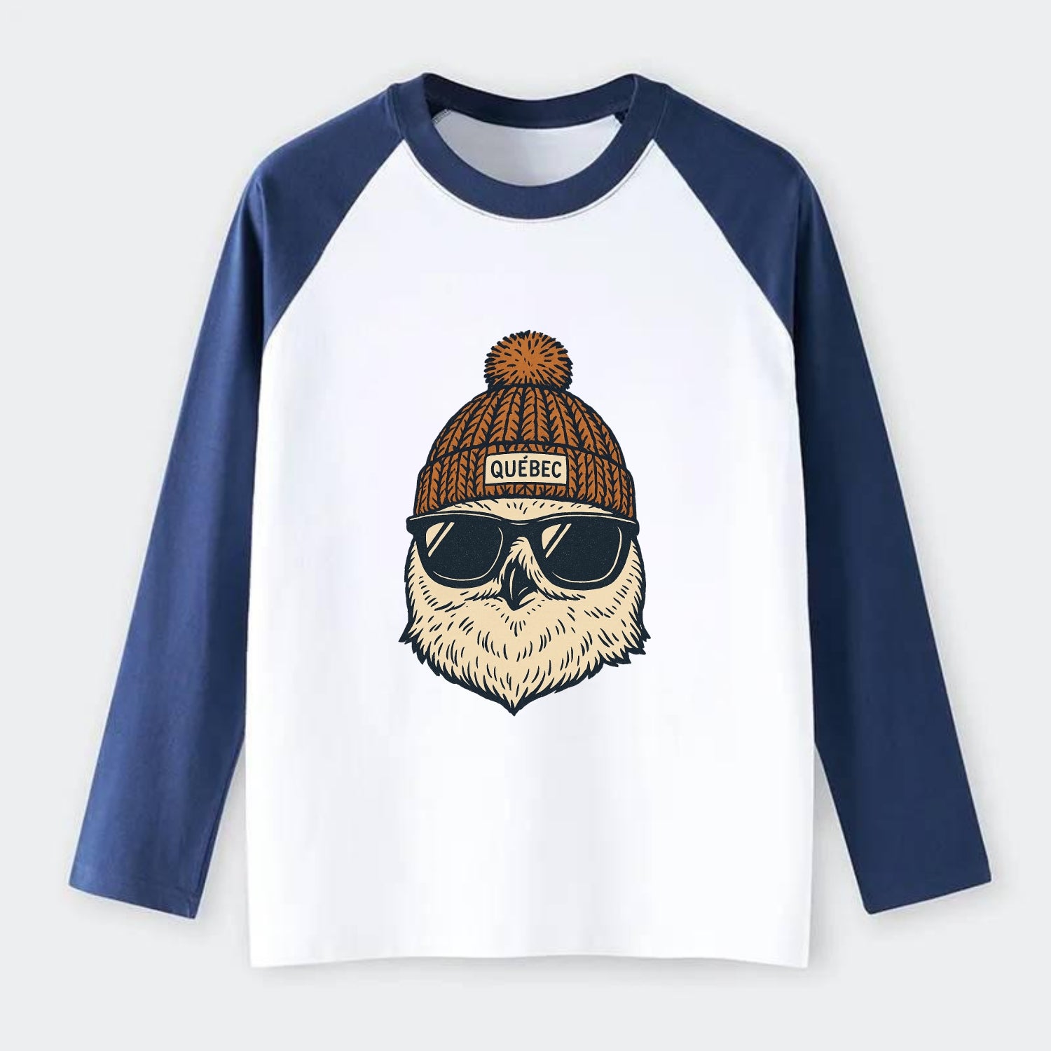 Quebec City Snowy Owl wearing Quebec beanie with pom pom and wayfarer - Raglan Long Sleeve T-Shirt - Blue