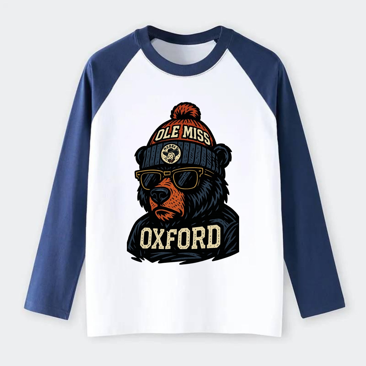 Oxford Black Bear wearing Ole Miss beanie with rebel patch - Raglan Long Sleeve T-Shirt - Blue
