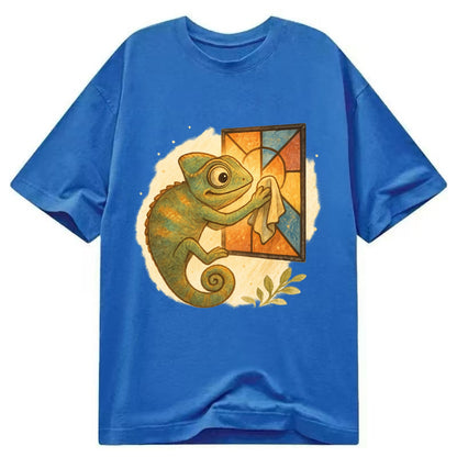 Chameleon blending into a stained-glass window it is polishing with delicate - Classic T-shirt - Blue