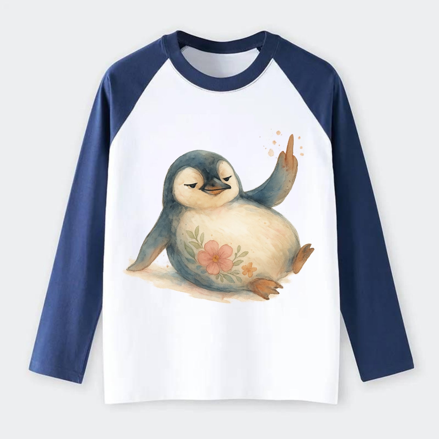 chubby penguin sliding on belly, one flipper up giving attitude - Raglan Long Sleeve T-Shirt - Blue