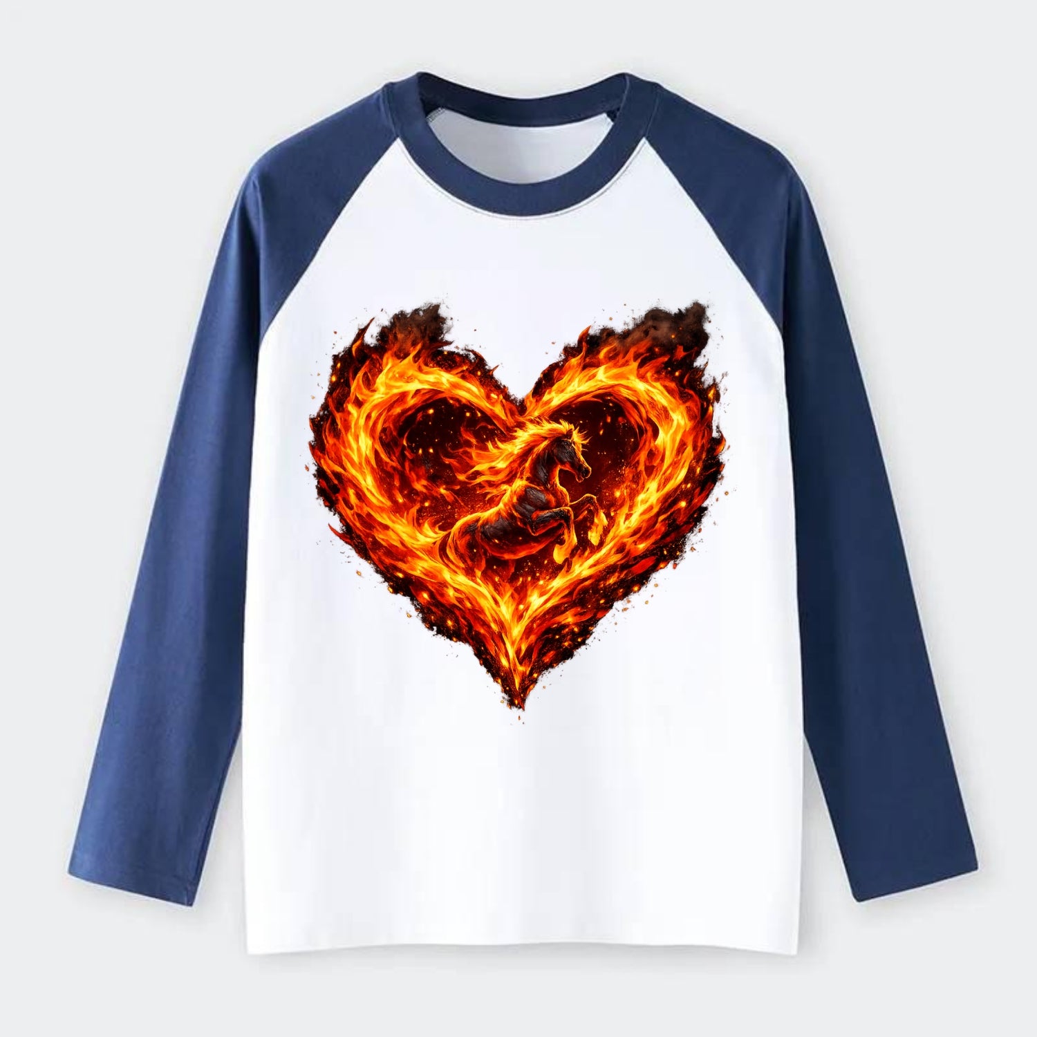 HEART OF FIRE | Flaming heart with horse silhouette inside | Passion - Raglan Long Sleeve T-Shirt - Blue