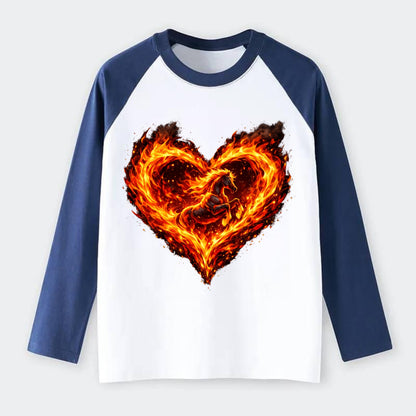 HEART OF FIRE | Flaming heart with horse silhouette inside | Passion - Raglan Long Sleeve T-Shirt - Blue