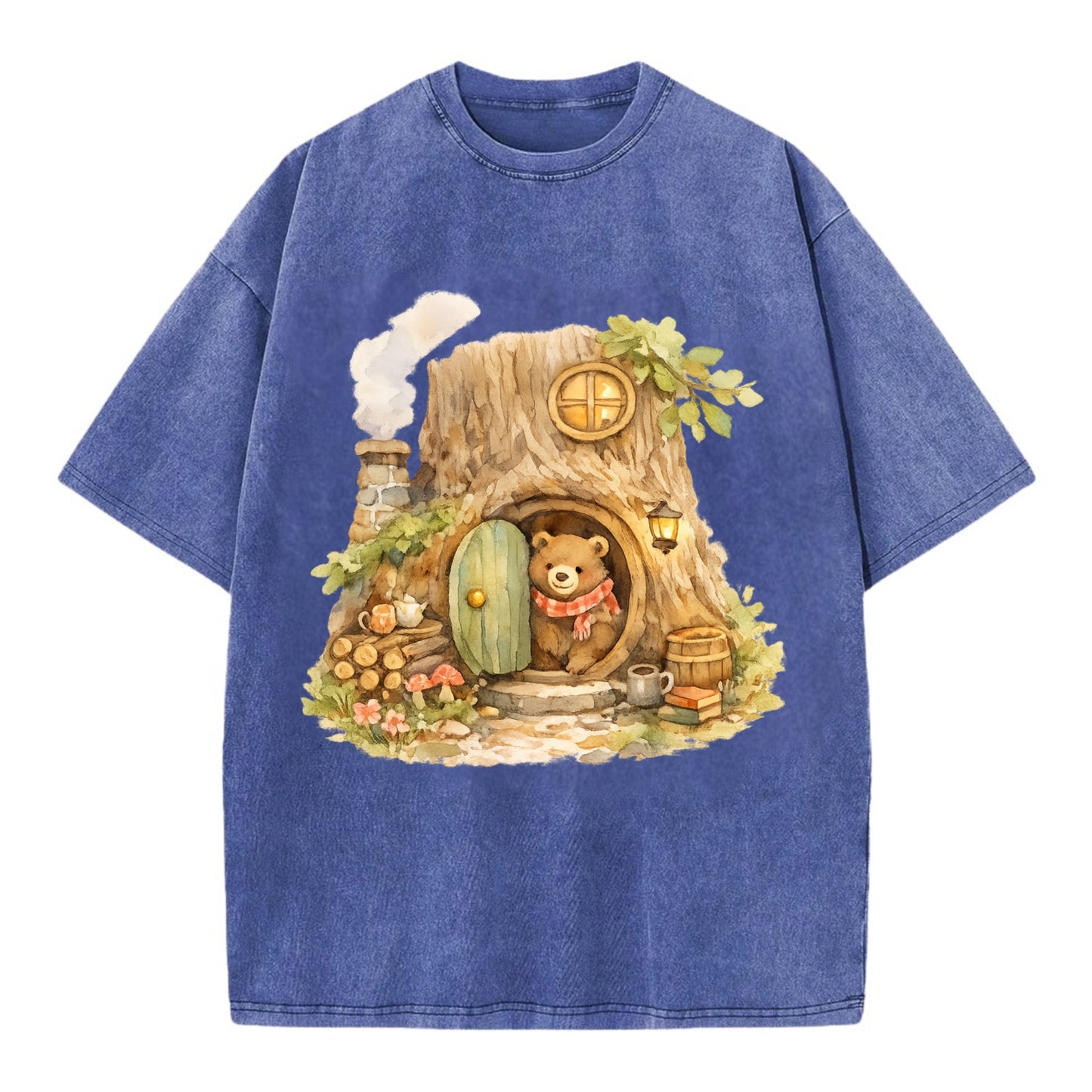 TREE HOME | Bear's home in hollow tree | Round door | Chimney smoke | Woodland - Vintage T-shirt - Blue