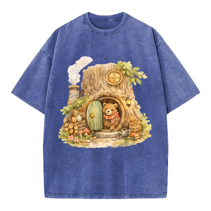 TREE HOME | Bear's home in hollow tree | Round door | Chimney smoke | Woodland - Vintage T-shirt - Blue